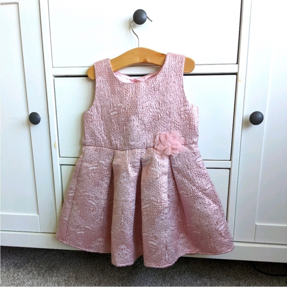 Childrens Place Pink Sleeveless Brocade Dress with Floral Accent & headband - 2T